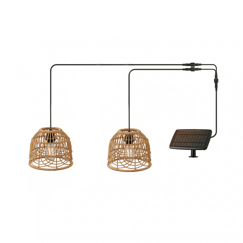Two rattan pendant lights with a solar panel 
