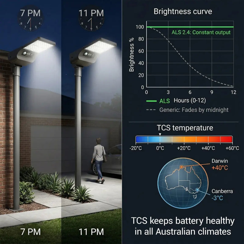 Graph showing the T008 solar street light's ALS 2.4 constant current curve and TCS temperature control system, comparing stable all-night brightness against ordinary lights that dim at midnight, tested from -20°C to +60°C.