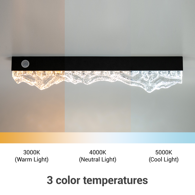Three color temperature options for solar LED light: 3000K warm light, 4000K neutral light, and 5000K cool light
