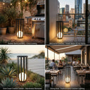Collage of outdoor settings with a modern lamp, including a backyard, balcony, coastal garden, and dining area.