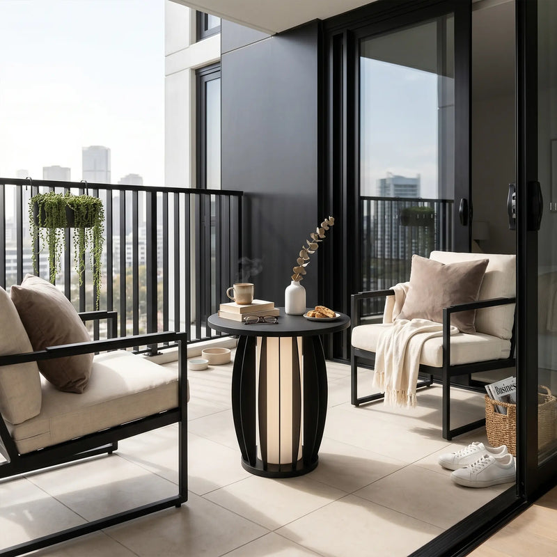 Modern balcony with black metal chairs, white cushions, and a small table with decor items.
