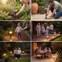 Collage of people using outdoor solar lamps in various settings