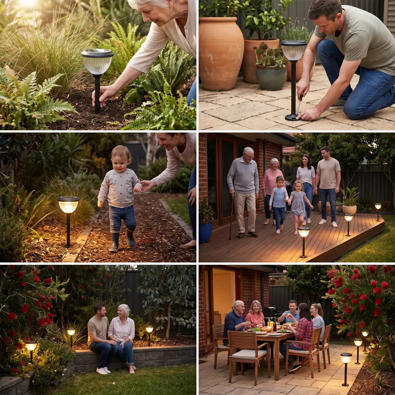 Collage of people using outdoor solar lamps in various settings
