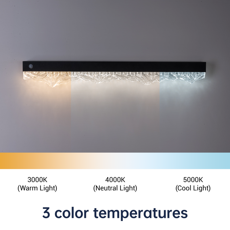 Wall-mounted light fixture with color temperature labels on a gray background