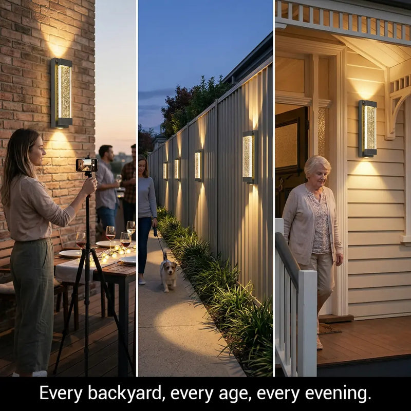 Three scenes of outdoor lighting fixtures on a house exterior with people in various settings.
