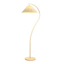 A modern floor lamp with a curved wooden stand, a round base, and a pleated shade on a solid white background.
