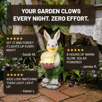 Solar-powered rabbit garden light with customer reviews on a garden path.