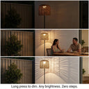 A collage demonstrating the long-press dimming feature of a woven rattan floor lamp, showing adjustable brightness levels from warm ambient light to bright illumination, casting decorative shadow patterns on the wall.