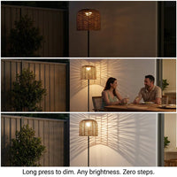 A collage demonstrating the long-press dimming feature of a woven rattan floor lamp, showing adjustable brightness levels from warm ambient light to bright illumination, casting decorative shadow patterns on the wall.