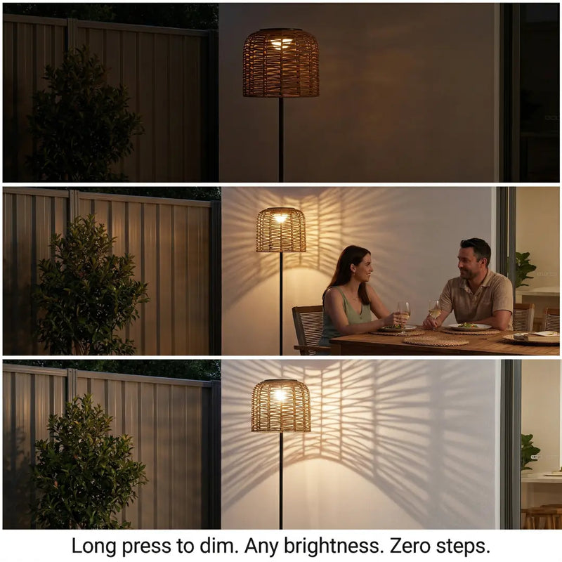 A collage demonstrating the long-press dimming feature of a woven rattan floor lamp, showing adjustable brightness levels from warm ambient light to bright illumination, casting decorative shadow patterns on the wall.