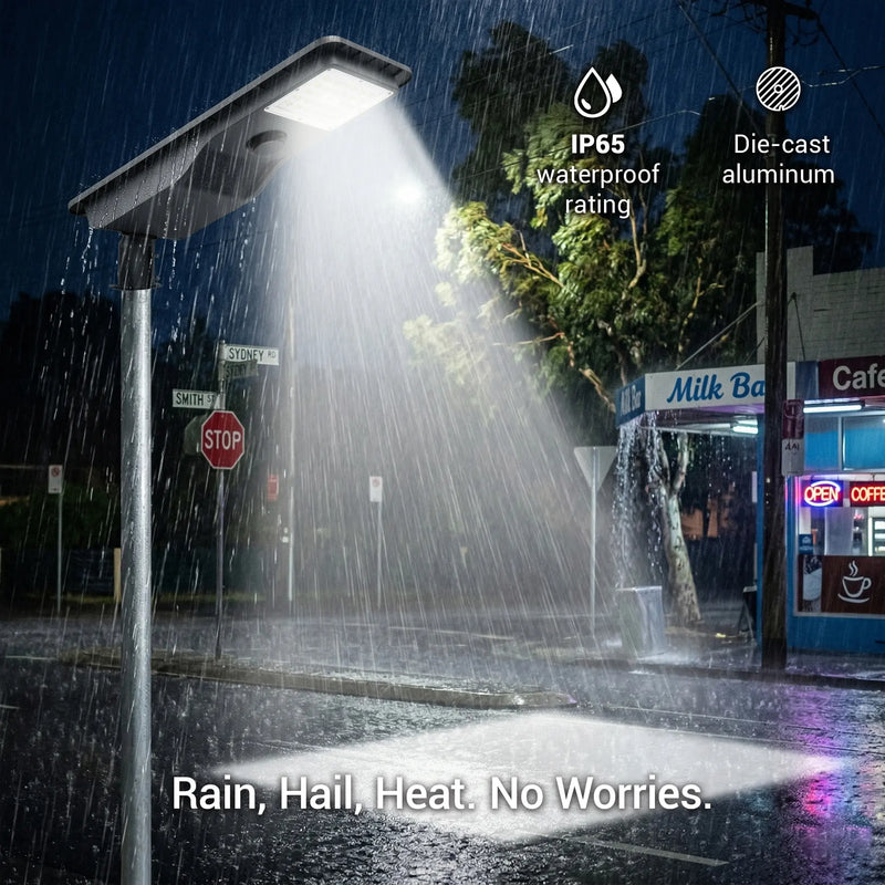 Four installation scenes for Outway T007ES Nexa solar street light: driveway entrance (pole-mounted, family with Toyota SUV), front path (wall-mounted, tradie at front door), back gate (eave-mounted, man with wheelbarrow), side passage (wall-mounted, teenager walking). Versatile 0–105° adjustable bracket for pole and wall mounting.