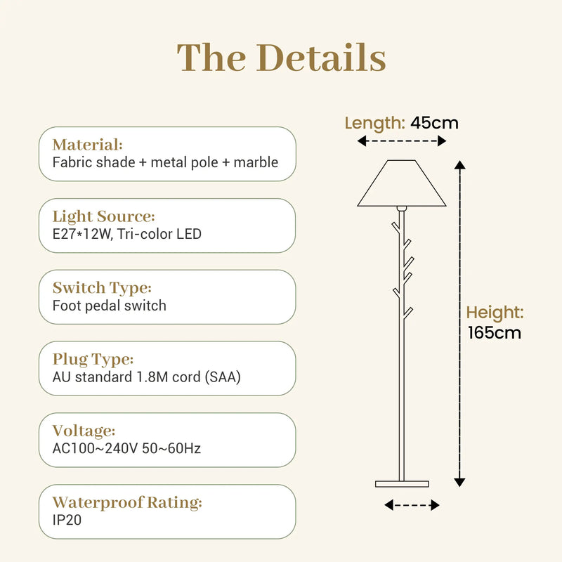 Floor lamp specifications: Fabric shade + metal pole + marble base, E27*12W tri-color LED, foot pedal switch, AU standard plug, 165cm height, 45cm width, IP20 indoor rating