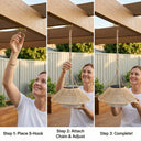 Step-by-step installation guide for the HAIKU hanging light, showing a woman easily placing the S-hook, attaching the chain, and adjusting the height.