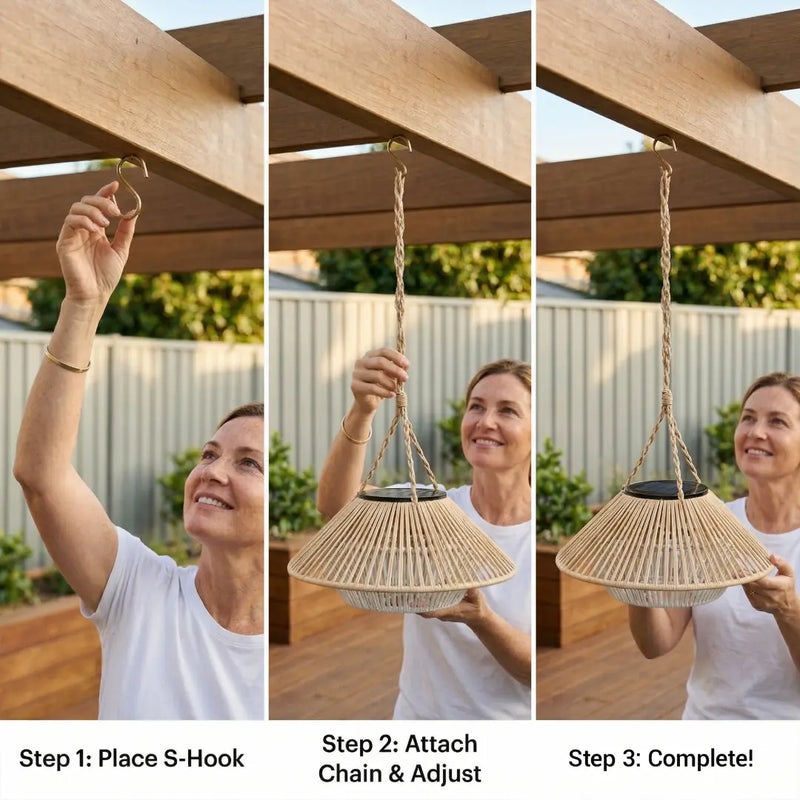 Step-by-step installation guide for the HAIKU hanging light, showing a woman easily placing the S-hook, attaching the chain, and adjusting the height.