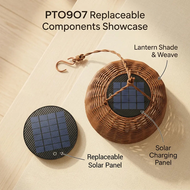 PT0907 Replaceable Components Showcase: disassembled view of the solar hanging lantern showing the woven rattan shade, replaceable solar panel, and modular design for easy maintenance and longevity.