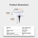 Product dimensions diagram showing a small rectangular white device with a black pointed stake, labeled with length 142mm, height 31mm, and overall height 100mm, plus a specs table below on a light gray background.