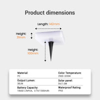 Product dimensions diagram showing a small rectangular white device with a black pointed stake, labeled with length 142mm, height 31mm, and overall height 100mm, plus a specs table below on a light gray background.