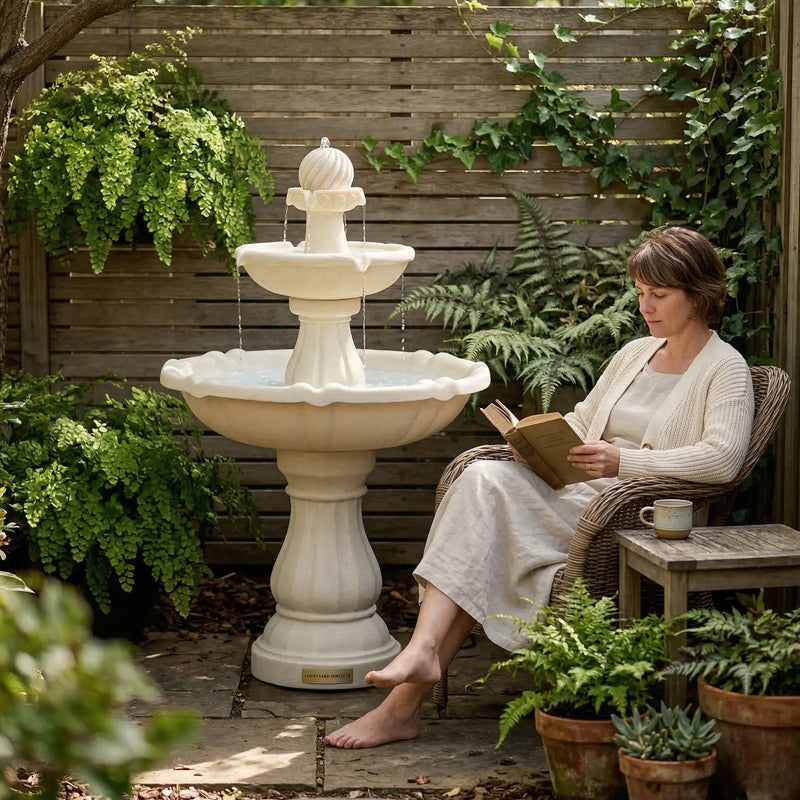 Woman reading a book in a wicker chair beside an OUTWAY F001 ivory white two-tier solar garden fountain in a peaceful courtyard garden surrounded by ferns and climbing ivy on a timber fence