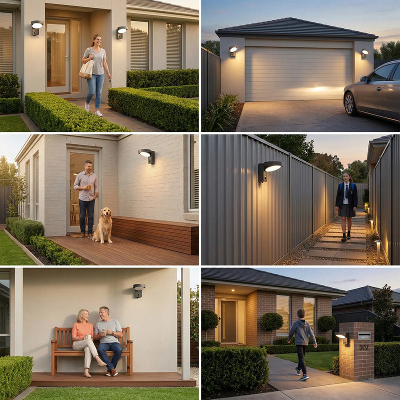 Six lifestyle scenes of Serra solar wall light installed at front entry, garage, back door, side passage, outdoor seating area and residential driveway