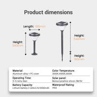 Product specs diagram shows dimensions: 340mm short / 540mm tall, materials (aluminum + PC), battery (3.2V/3000mAh), IP65 rating.