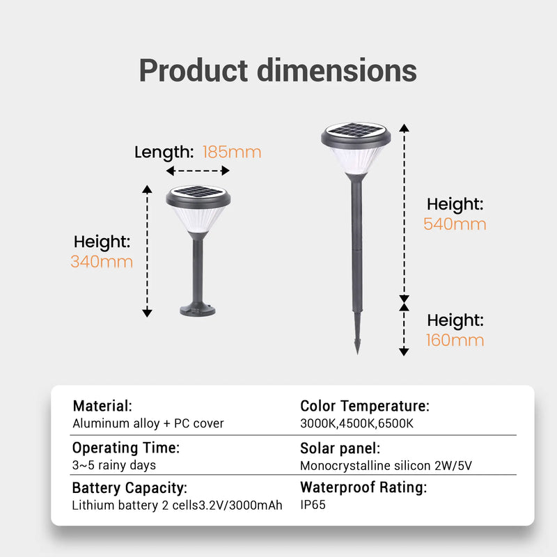 Product specs diagram shows dimensions: 340mm short / 540mm tall, materials (aluminum + PC), battery (3.2V/3000mAh), IP65 rating.