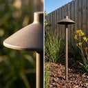 PT0609 Solar Mushroom Pathway Light coffee brown baked paint texture closeup full body ground stake Australian native garden daytime