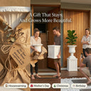 Triptych gift scene: Flora planter wrapped in kraft paper with "For Your New Home" tag, couple unboxing at front door, finished Flora Combo with fiddle leaf fig — housewarming Mother's Day Christmas Birthday gift — F004-F006-flora-gift-housewarming-unwrapping