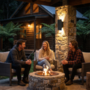 Three people sitting around a fire pit in front of a cabin at night.