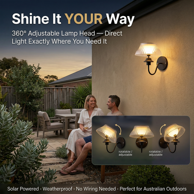 Outdoor wall light fixture with adjustable lamp head, shown in use on a house exterior.