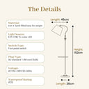 FL068 floor lamp spec diagram showing 152cm height, 46cm arc reach, 26cm base; E27 12W tri-colour LED, foot pedal switch, SAA AU plug, IP20, iron body with sand-filled base