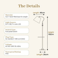 FL068 floor lamp spec diagram showing 152cm height, 46cm arc reach, 26cm base; E27 12W tri-colour LED, foot pedal switch, SAA AU plug, IP20, iron body with sand-filled base