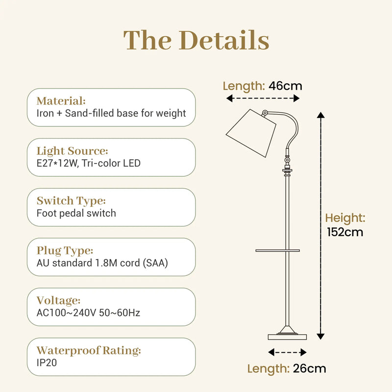 FL068 floor lamp spec diagram showing 152cm height, 46cm arc reach, 26cm base; E27 12W tri-colour LED, foot pedal switch, SAA AU plug, IP20, iron body with sand-filled base