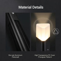PT0730 Virgo solar bollard light material details die-cast aluminium textured body close-up and high-transparency PC triangular cover glowing warm white