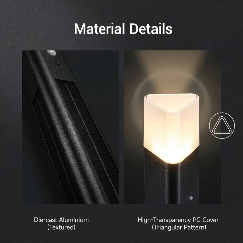 PT0730 Virgo solar bollard light material details die-cast aluminium textured body close-up and high-transparency PC triangular cover glowing warm white
