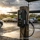 Electric vehicle charging station in a rain-soaked outdoor setting with text highlighting its weather resistance.