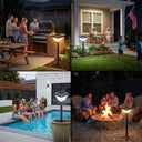 Collage of outdoor scenes with people enjoying their yards, including a grill, pool, and fire pit.