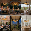 Collage of people enjoying meals and socializing in various outdoor and indoor settings with pendant lights.