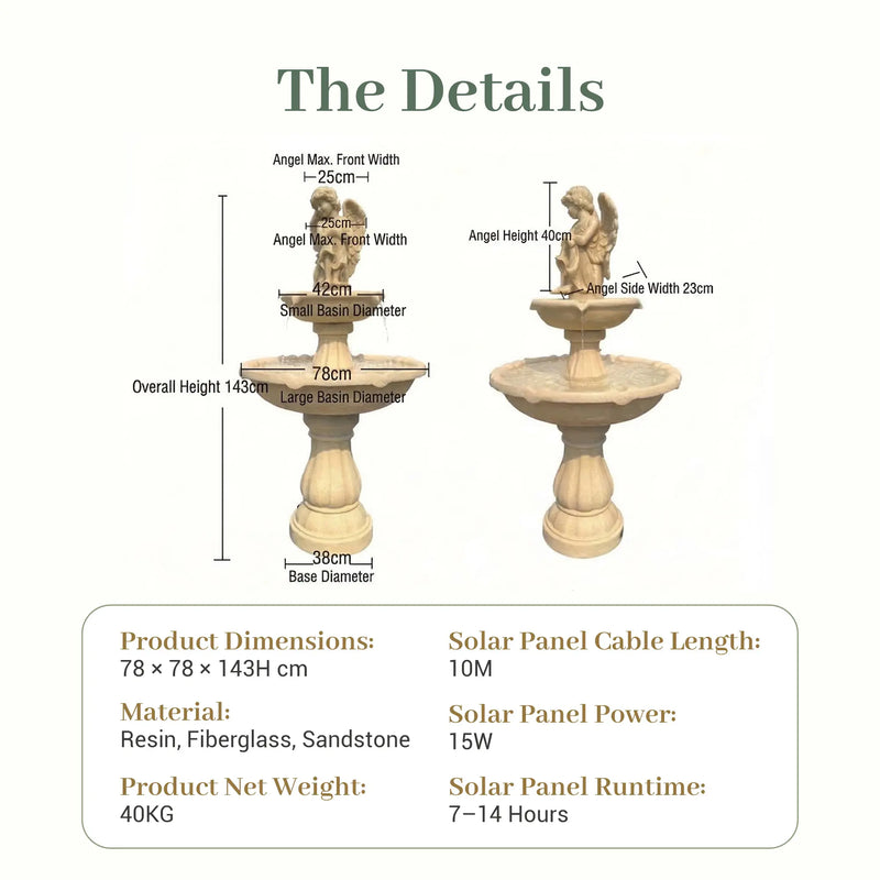 Technical dimension diagram of OUTWAY angel solar garden fountain showing overall height 143cm large basin diameter 78cm small basin diameter 42cm base diameter 38cm angel height 40cm angel front width 25cm and side width 23cm with product specifications 78x78x143H cm resin fiberglass sandstone 40KG 15W solar panel 10m cable and 7 to 14 hour runtime