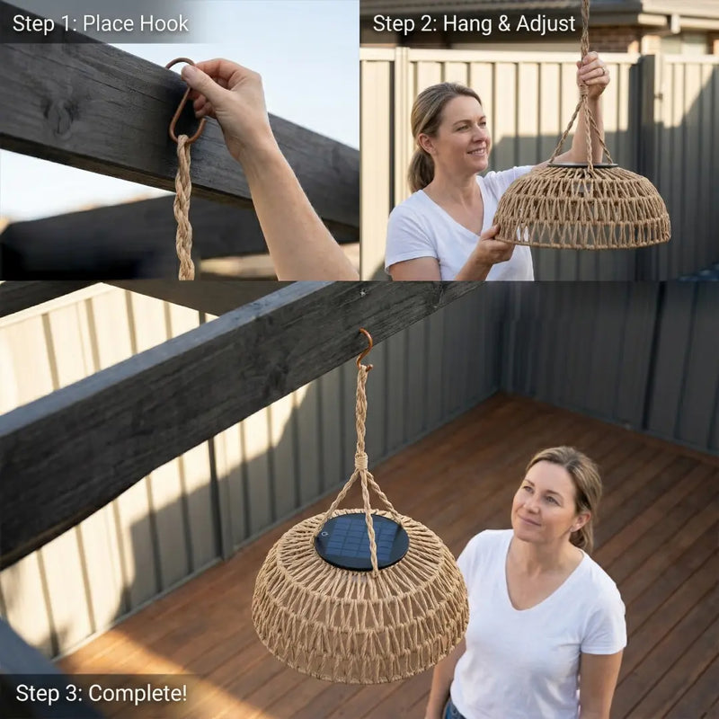 Step-by-step installation guide for the PT0901 Kiku Solar Rattan Lantern, showing a woman easily hanging the light on a pergola beam using the included hook without tools.