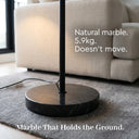 Marble floor lamp with text on a living room background