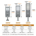 Nexa StreetGlow Pro T007 size comparison chart showing 200W, 300W, and 400W models with dimensions and specifications.