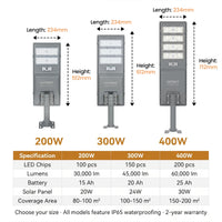 Nexa StreetGlow Pro T007 size comparison chart showing 200W, 300W, and 400W models with dimensions and specifications.