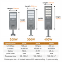 A product specification infographic showing three outdoor LED street light models labeled 200W, 300W, and 400W, with dimension arrows for length and height above each unit, plus a specification table below.