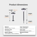 Product dimensions diagram for a solar garden light stake, showing two views with labeled measurements for length and height, plus a specification table below with material, color temperature, operating time, battery capacity, solar panel, and waterproof rating.