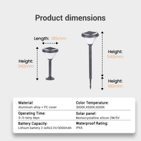 Product dimensions diagram for a solar garden light stake, showing two views with labeled measurements for length and height, plus a specification table below with material, color temperature, operating time, battery capacity, solar panel, and waterproof rating.