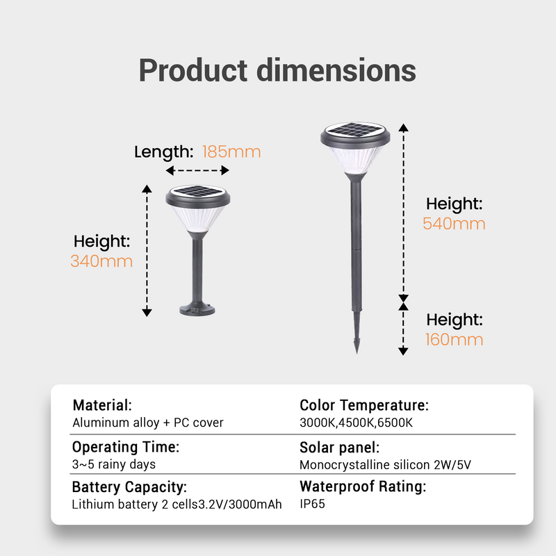 Product dimensions diagram for a solar garden light stake, showing two views with labeled measurements for length and height, plus a specification table below with material, color temperature, operating time, battery capacity, solar panel, and waterproof rating.