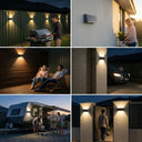 Six lifestyle scenes of Tenox PT0716 solar wall light: backyard BBQ fence lighting, front door entrance, outdoor deck relaxing, garage driveway, caravan camping, garden gate