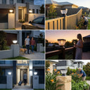 Six-panel lifestyle grid showing Nexi Solar Pillar Light PT0112 installed across Australian homes: rendered pillars at night with car in driveway, Colorbond fence post at golden hour with gardener, couple and dog walking at dusk, woman with wine glass at sunset deck rail, man with suitcase at lit gate entrance, person tending garden beside sandstone pillar with bird-of-paradise flowers