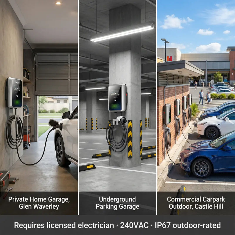 Outway EV04 installation scenarios in a private home garage, underground parking garage, and commercial outdoor carpark, requiring licensed electrician setup.
