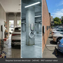Outway EV05 installation examples in private home garage, underground parking, and commercial outdoor carpark requiring licensed electrician.